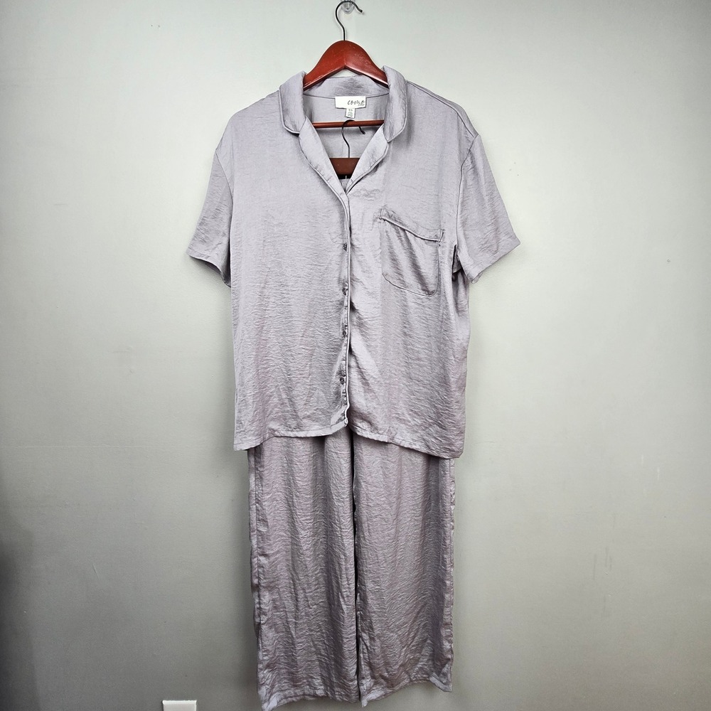 Como Sleep Womens Pajama Set Short Sleeve Top Wide Leg Pants Lounge Gray‎ L/G